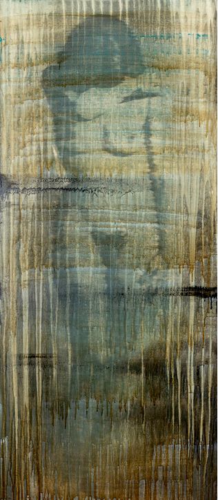 Siegfried Herz: Mizení, 2021, tuš, akryl, uhel a káva na plátně, 170x70 cm