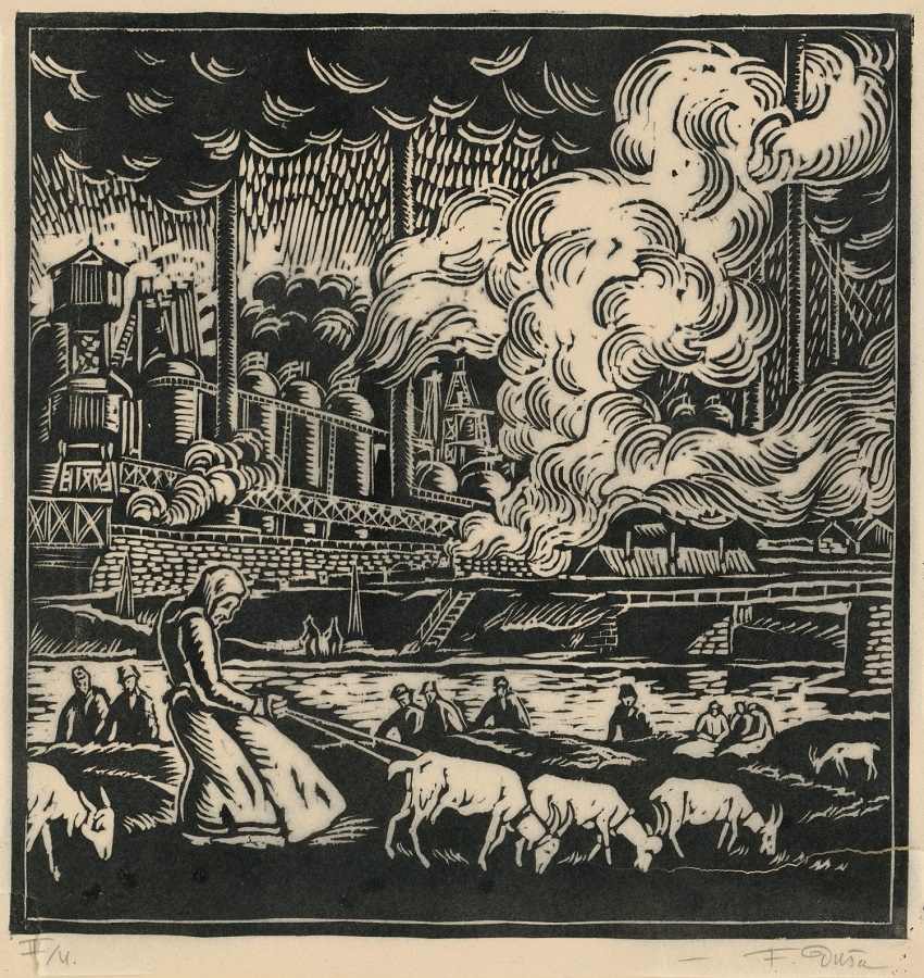 Ferdiš Duša, Vysoké pece, 1921, dřevoryt (xylografie), papír, 360×345 mm, GVUO