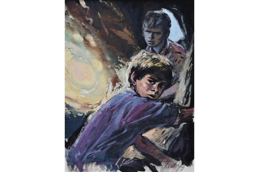 Bohumil Konečný: Dva chlapci v jeskyni při výbuchu, 1969