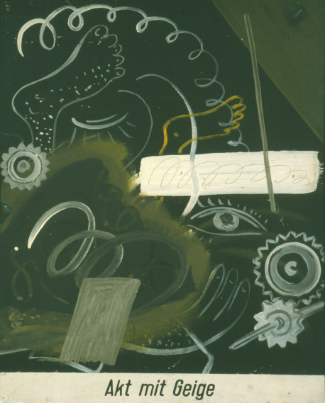 Sigmar Polke, Akt s houslemi, 1968, disperze na sololitu, 100,1 x 79,8 cm