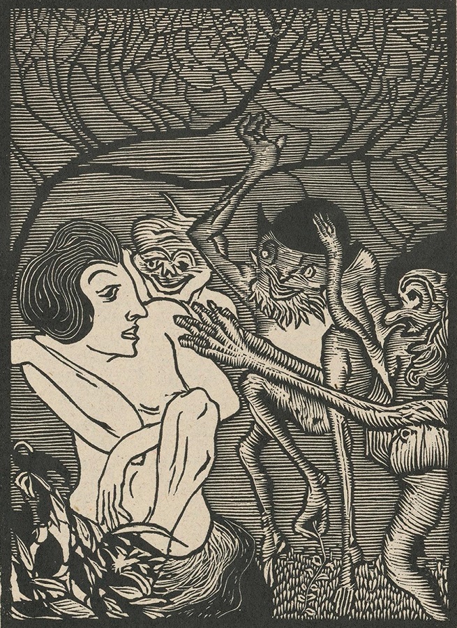 Josef Váchal, Putování malého Elfa, 1911, ruční papír, dřevoryt, 290×235 mm, GVUO