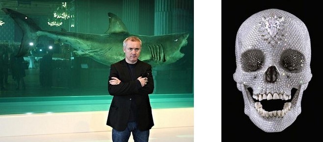 Damien Hirst,  Pro lásku boží, Damien Hirst před vitrínou se žralokem