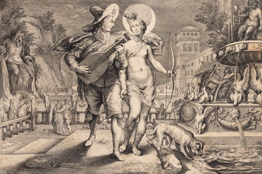 Jacob Matham podle Hendrick Goltzius - Diana jako bohyně Měsíce a muž hrající na loutnu, 1615, mědiryt