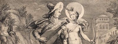Jacob Matham podle Hendrick Goltzius: Diana jako bohyně Měsíce a muž hrající na loutnu, 1615, mědiryt