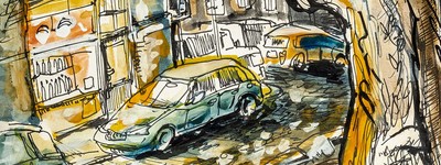 Urban Sketchers, Jakub Škraban: Řezáčovo náměstí, Holešovice, Praha (výřez)